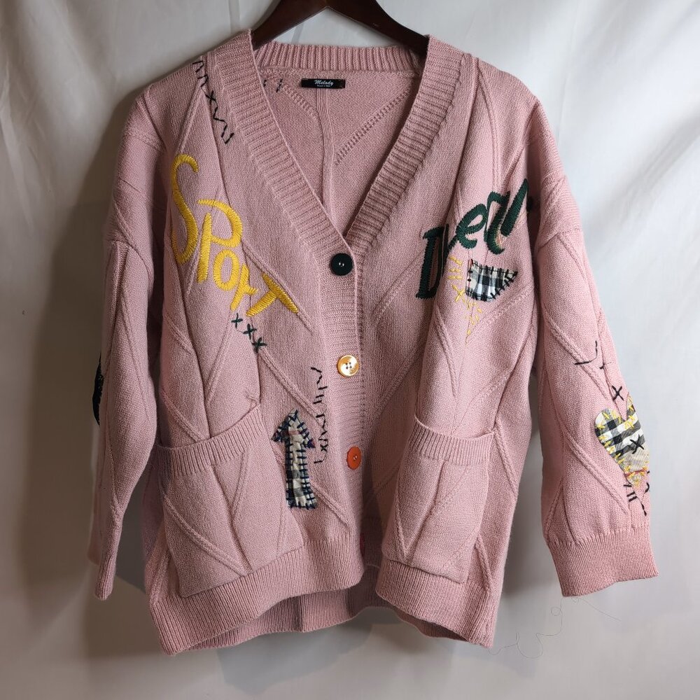 Melody Women's Pink Chunky Patchwork/Embroidered Knit Cardigan, Size L